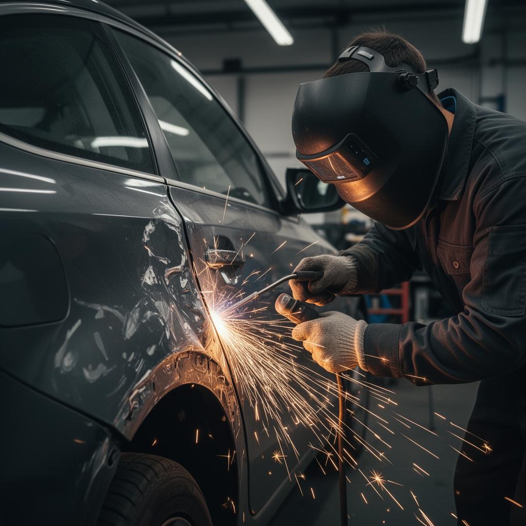 Technician performing collision repair on a vehicle